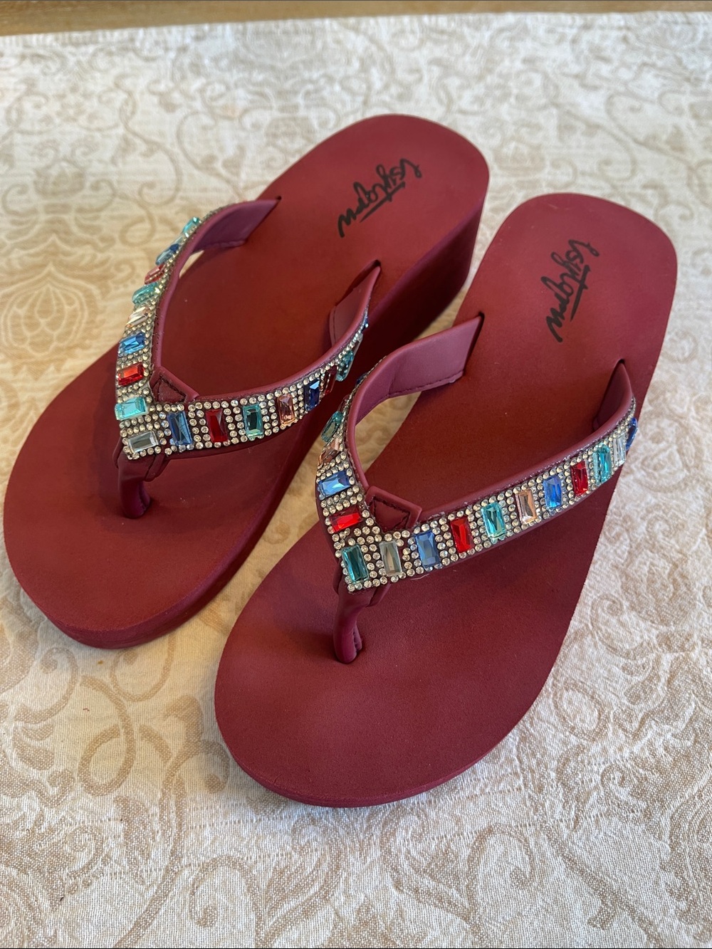 Jeweled Burgundy Wedge Sandals - Women's Slip-On Thong